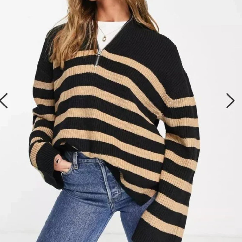 & Other Stories Striped Half Zip Ribbed Sweater